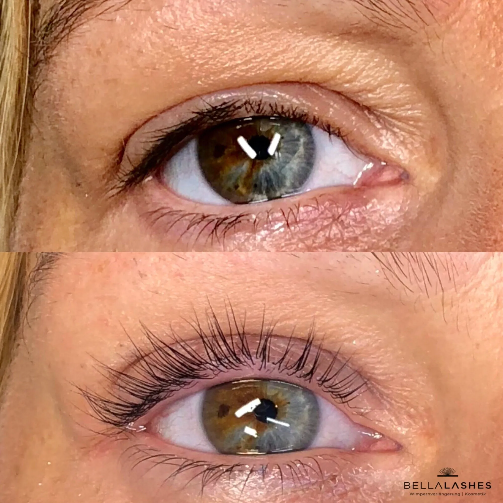 Lashlifting im Vergleich: oben vorher, unten nachher mit geschwungenen, gefärbten Wimpern